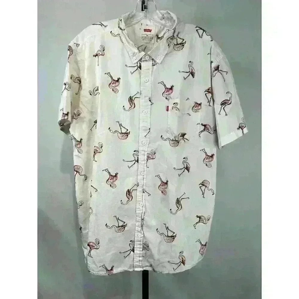 Levi's Men's Short Sleeve Riverton Poplin Button Down Flamingo Shirt Size XXL‎